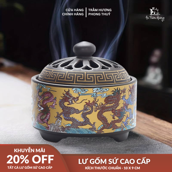 Lư Xông Trầm Gốm Sứ Cao Cấp Hoa Văn Rồng